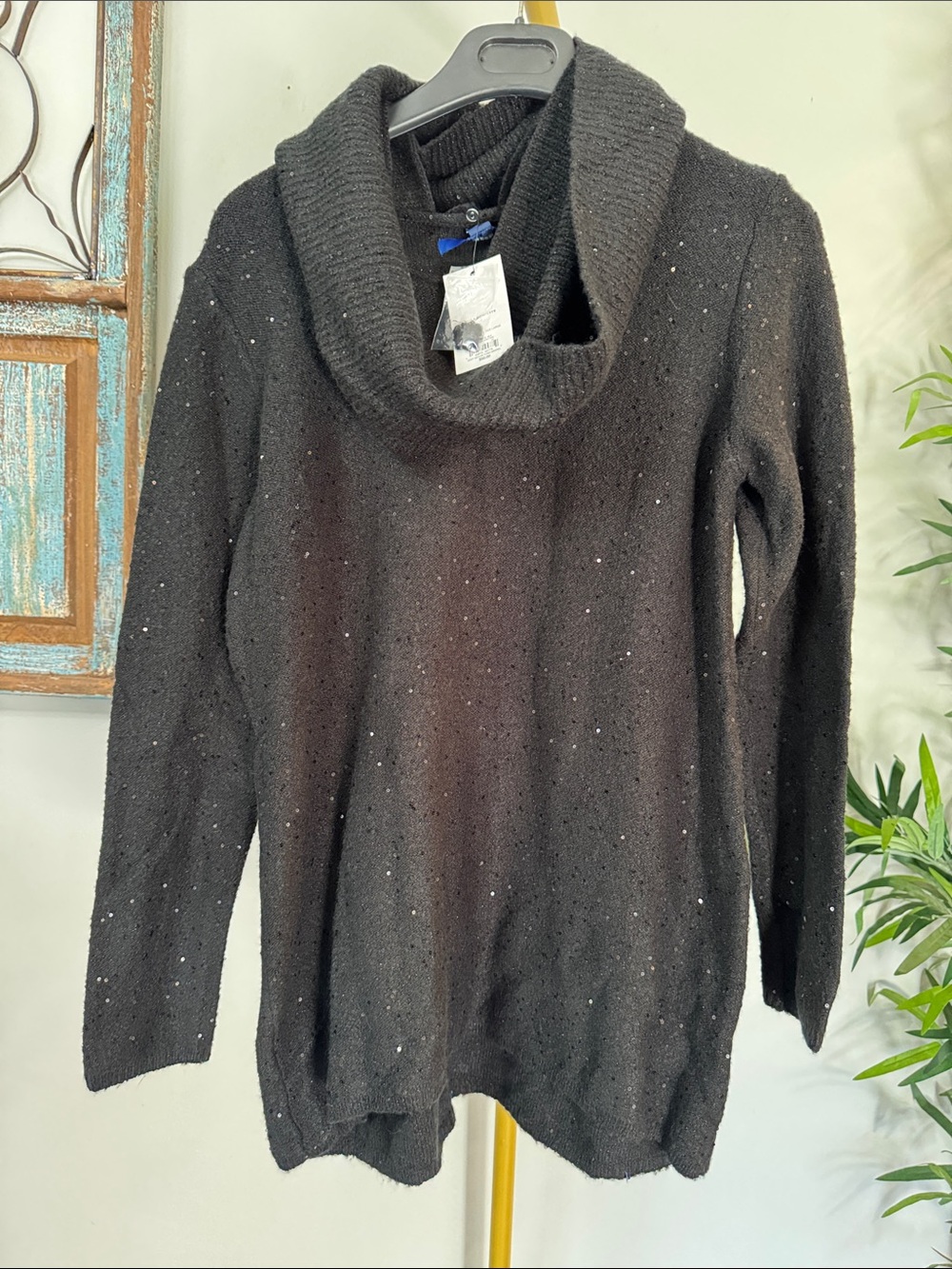 Apt. 9 Black Cowl Neck Sweater with sequins and removable neck scarf NEW L